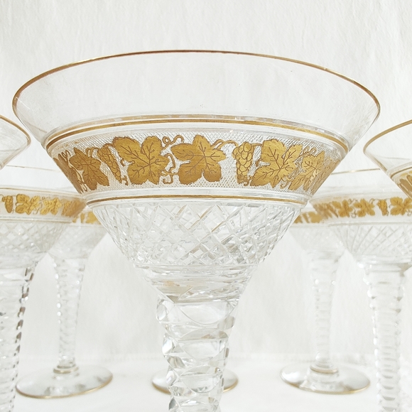 Val St Lambert Cut Crystal Martini Glass Stemware, Set of 9, Gold Gilt Grapevine - Picture 7 of 14